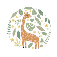Cute giraffe hand drawn vector illustration.  Cute african animal cartoon character. Isolated wildlife clipart. Jungle, rainforest, savanna fauna. Print for t-shirt with elephant in the jungle.