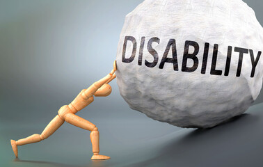 Disability and painful human condition, pictured as a wooden human figure pushing heavy weight to show how hard it can be to deal with Disability in human life, 3d illustration - obrazy, fototapety, plakaty