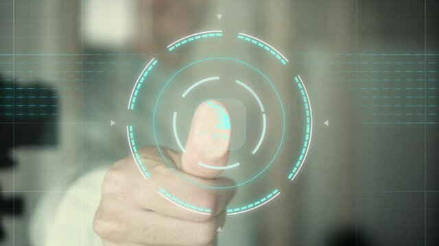 Access control system Futuristic personal identification Biometric authentication concept : A businessman puts his finger on a glass scanner to scan and unlock.