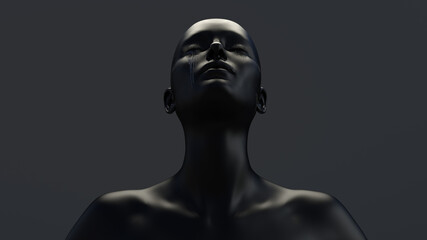 3D illustration of a female figure with her eyes closed and shedding tears, dark background