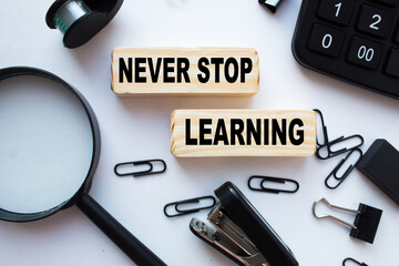 text NEVER STOP LEARNING on wooden cubes, with plants, coins, and stationery items. business concept