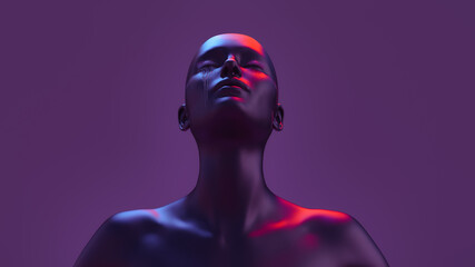 3D illustration of a female figure with her eyes closed and shedding tears, red and blue light