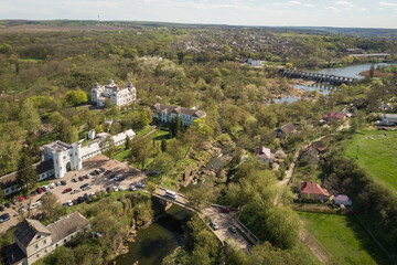 Fototapeta na wymiar Aerial panoramic view of Korsun-Shevchenkivsky Historical and Cultural Reserve with Lopukhins-Demidovs Palace, Ukraine, Kyiv region.