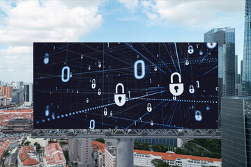 Padlock icon hologram on road billboard over panorama city view of Singapore at day time to protect business, Southeast Asia. The concept of information security shields.