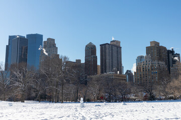 Naklejka premium Lincoln Square Skyline seen from the Snow Covered Sheep Meadow at Central Park during the Winter in New York City