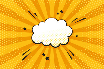 Pop art halftone pattern. Comic starburst background. Yellow duotone texture. Cartoon banner with speech bubble, dots and rays. Vintage superhero design. Wow starburst wallpaper. Vector illustration. © Iryna