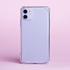 purple smart phone in clear silicone case back view. iPhone 11 case mockup isolated on pink background