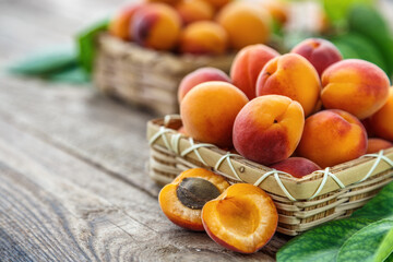 Naklejka na ściany i meble Delicious ripe apricots in a wooden bowl on the table close-up.Healthy fruits. Horizontal top view. Free space for your text.