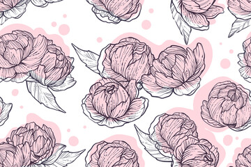 Pink peonies seamless pattern, color vector