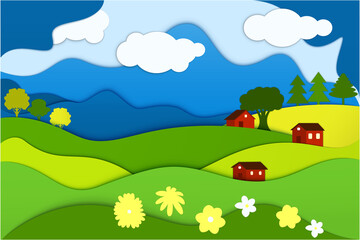 Vector poster with hills, houses and sky. Beautiful nature of the village.