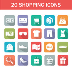 Shopping and e-commerce icons set. Icons of online shopping: card, cash, shopping cart, sale, promotion, clothing, shoes, glasses, search, accessory, delivery, rating, search, gift, coupon