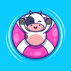 Plakat Cute cow floating with swimming cartoon