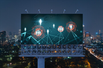 World planet Earth map hologram and social media icons on billboard over night panoramic city view of Bangkok, Southeast Asia. Networking and establishing new connections between people. Globe