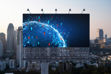 World planet Earth map hologram of social media icons over sunset panoramic cityscape of Bangkok,...