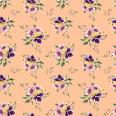  seamless floral pattern with purple flowers and bouquets on peach background, watercolor illustration hand painted