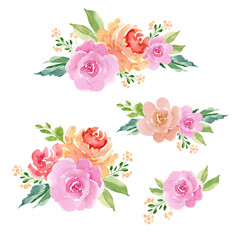 set of watercolor bouquets with roses isolated on white background hand painted for weddings and invitations.