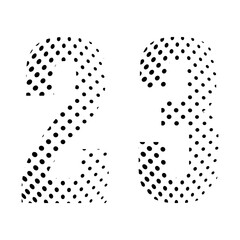 Number Twenty-three, 23 in halftone. Dotted illustration isolated on a white background. Vector illustration.