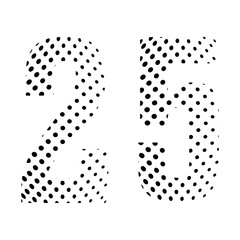 Number Twenty-five, 25 in halftone. Dotted illustration isolated on a white background. Vector illustration.