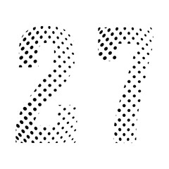 Number Twenty-seven, 27 in halftone. Dotted illustration isolated on a white background. Vector illustration.