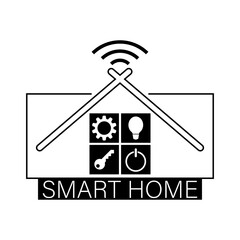 Smart home logo template design with wifi, roof and things and items  icons. Vector clipart and drawing. Black and white isolated illustration.