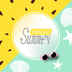 Tropical Summer Background. Colorful gradient frame with space for text. Poster template with palm leaves and summer beach elements. Vector Illustration.