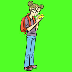 girl anxiously watches and uses a cell phone
