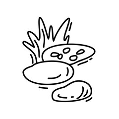 Plants and rocks on the shore. Vector illustration of doodles on an isolated white background. The outline image will become a background element, sticker, or print.