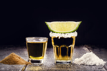 typical mexican drinks, Mezcal with pepper salt and agave larva next to golden tequila with lemon...