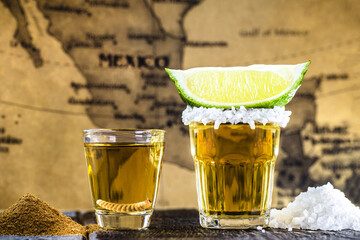 typical mexican drinks, Mezcal with salt, pepper and larva next to tequila with lemon and salt,...