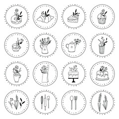 Vector bakery icons set. Hand drawn illustrations. Set of sweets and dishes are perfect for pastry shop design, cafe menu, confectioner logo, label, card, poster
