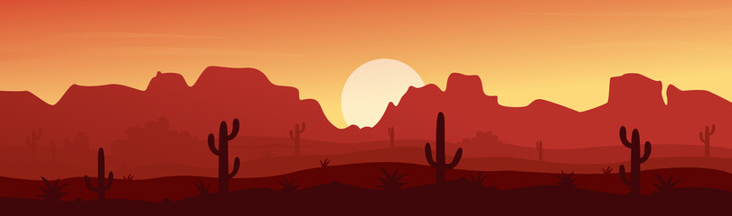Mexican, Texas or Arisona desert nature at sunset night wide panorama landscape