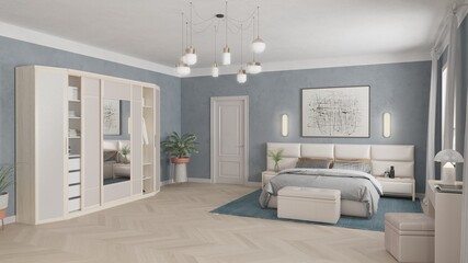 3d rendering modern bedroom, light blue walls, large bed in light fabric