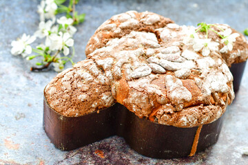 Easter hand painted eggs, and    Traditional italian easter  dove  bread cake The counterpart of the two well-known Italian Christmas desserts, panettone and pandoro.