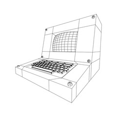 Classic retro perconal computer. Programming code concept. Wireframe low poly mesh vector illustration