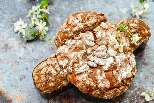 Easter hand painted eggs, and    Traditional italian easter  dove  bread cake The counterpart of the two well-known Italian Christmas desserts, panettone and pandoro.