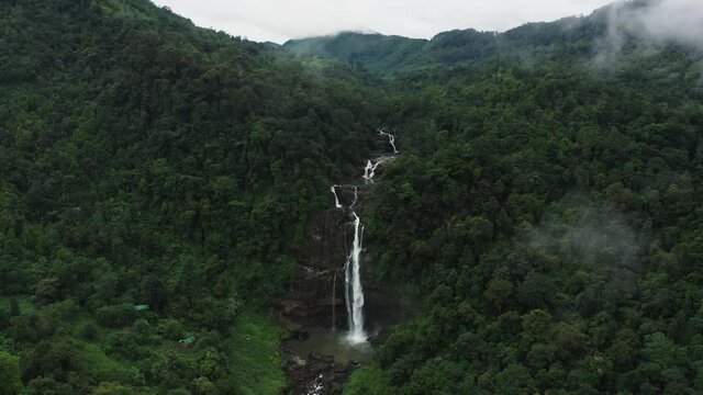 Aerial at Aberdeen Falls in lush green rainforest of Sri Lanka, waterfall