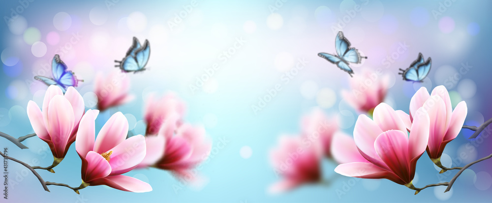 Poster nature spring background with beautiful magnolia branches on blue sky and butterflies. vector.