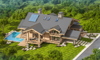 Obraz premium 3d rendering of modern cozy chalet with pool and parking for sale or rent. Beautiful forest mountains on background. Massive timber beams columns. Clear sunny summer day with cloudless sky.