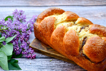 Traditional  easter  bread cake with  sugar,chocolate and nuts and  spring bloom 