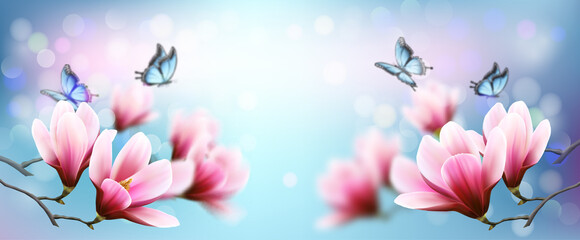 Nature spring background with beautiful magnolia branches on blue sky and butterflies. Vector.