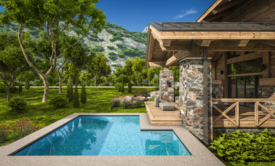 3d rendering of modern cozy chalet with pool and parking for sale or rent. Beautiful forest mountains on background. Massive timber beams columns. Clear sunny summer day with cloudless sky.