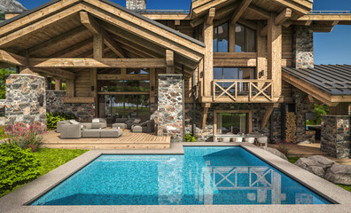 3d rendering of modern cozy chalet with pool and parking for sale or rent. Beautiful forest mountains on background. Massive timber beams columns. Clear sunny summer day with cloudless sky.