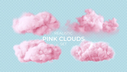 Realistic pink fluffy clouds set isolated on transparent background. Cloud sky background for your design. Vector illustration - obrazy, fototapety, plakaty