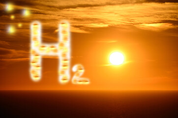 h2 hydrogen letters with bright orange sunset at the sea_2