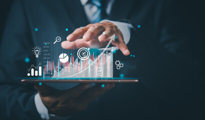 Stock Market Investments Funds and Digital Assets. businessman analyzing forex trading graph financial data from tablet. business finance technology and investment concept, technology Business finance
