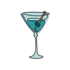 One line drawing martini glass with olive on white background. Colored cartoon graphic sketch. Continuous line way. Hand drawn party drinks concept. Freehand drawing style