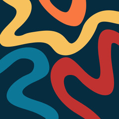 Abstract contemporary art design with colorful (blue, red, yellow, orange) waves decoration on navy blue background - 431736747