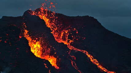 Breathtaking close-up view of erupting volcano in Geldingadalir valley near Fagradalsfjall...