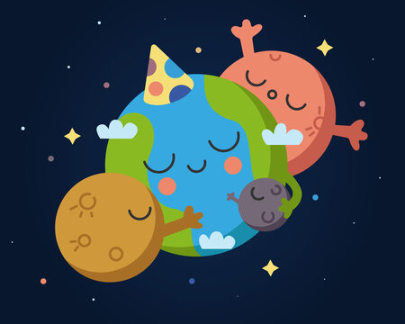 Cartoon vector illustration. The planets hug the Earth. 