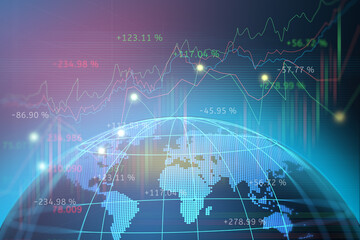 Stock market or forex trading graph with map world representing the global network line wire frame data business concept banner